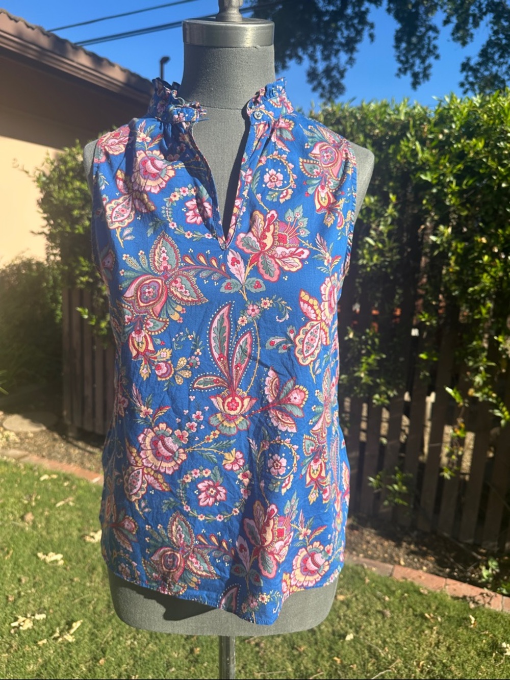 J. Crew Blue Floral Paisley Sleeveless Ruffle-Neck Top